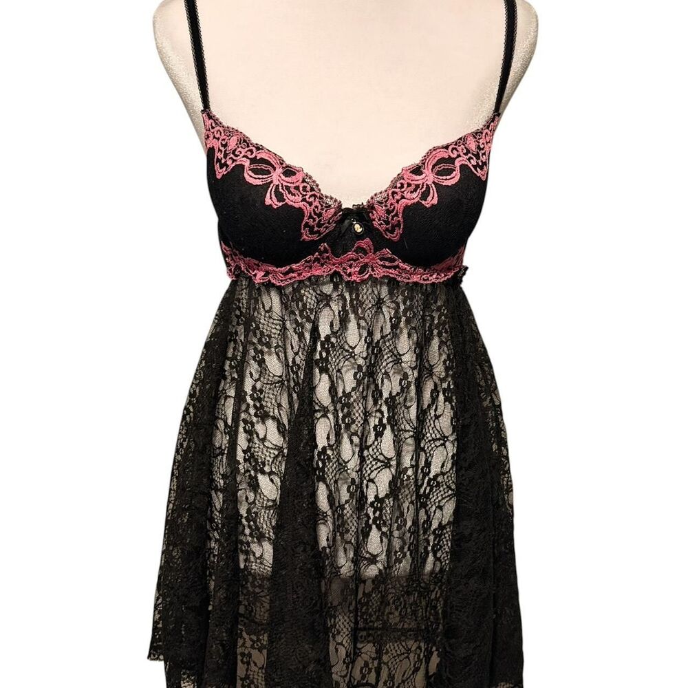 Black lace slip dress with pink accents Size M